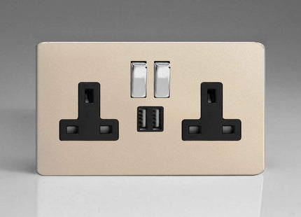Varilight 2-Gang 13A Double Pole Switched Plug Socket with Metal Rockers + 2 5V DC 2100mA USB Charging Ports Satin Chrome XDN5U2SBS