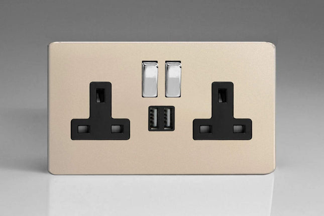 Varilight 2-Gang 13A Double Pole Switched Plug Socket with Metal Rockers + 2 5V DC 2100mA USB Charging Ports Satin Chrome XDN5U2SBS