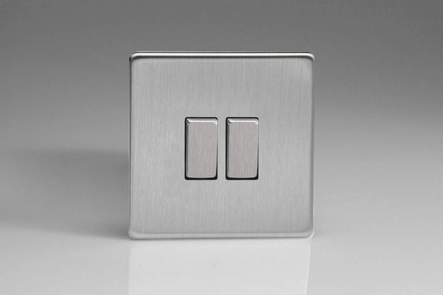 Varilight Screwless 2-Gang Intermediate & 2 Way Metal Rocker Switch Brushed Steel