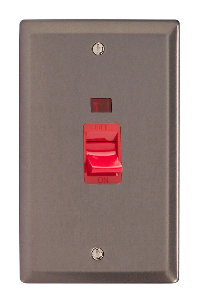 Varilight 45A Cooker Switch + Neon (Vertical Twin Plate, Red Rocker) Pewter XR45N