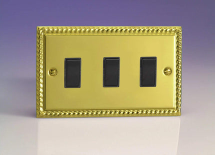Varilight XG93B Rocker Switches Black 3 Gang Georgian Brass