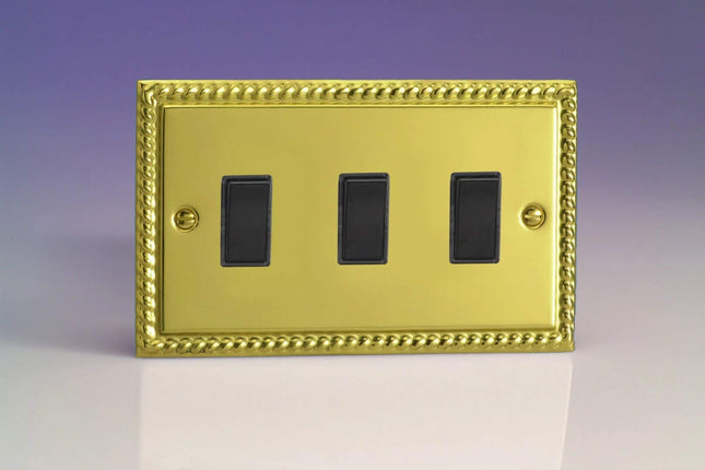 Varilight XG93B Rocker Switches Black 3 Gang Georgian Brass