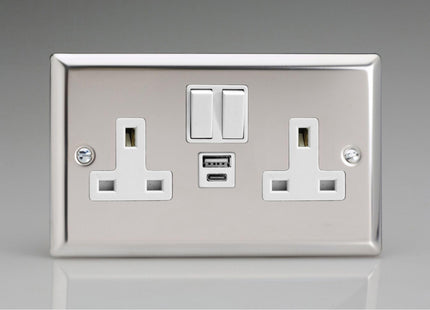 Varilight 2-Gang 13A Single Pole Switched Socket With 1X Usb A & 1X Usb C Charging Ports