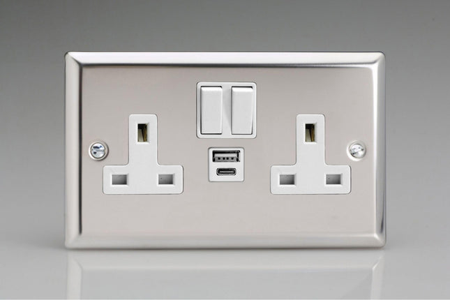 Varilight 2-Gang 13A Single Pole Switched Socket With 1X Usb A & 1X Usb C Charging Ports