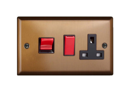 Varilight Urban Brushed Bronze Cooker Panel with 45 Amp Red Cooker Switch and 13A Switched Socket Black Insert
