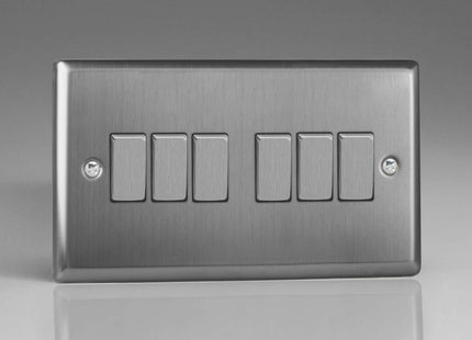 Varilight XT96D Classic Brushed Steel 6 Gang 10A 1 or 2 Way Rocker Light Switch