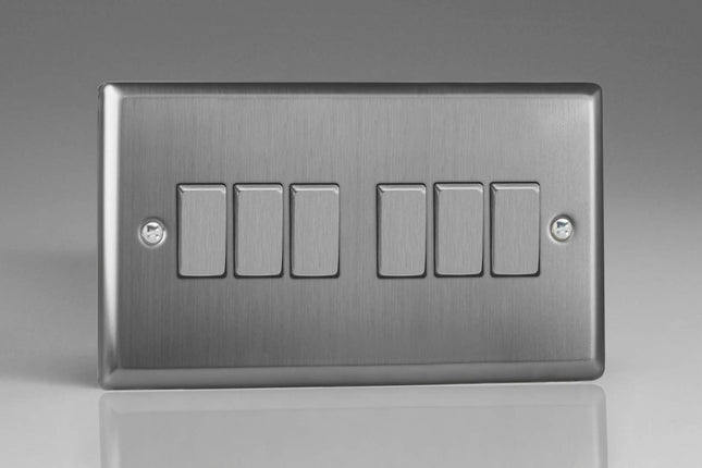 Varilight XT96D Classic Brushed Steel 6 Gang 10A 1 or 2 Way Rocker Light Switch