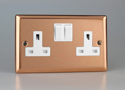 Varilight Classic Polished Copper 2-Gang 13 Amp Switched Plug Socket with White Insert