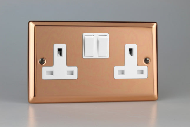Varilight Classic Polished Copper 2-Gang 13 Amp Switched Plug Socket with White Insert