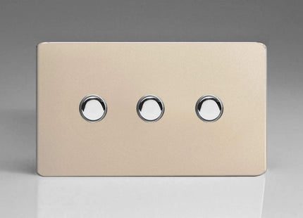 Varilight 3-Gang 6A 1- or 2-Way Push-On/Off Impulse Switch (Twin Plate) Satin Chrome XDNP3S