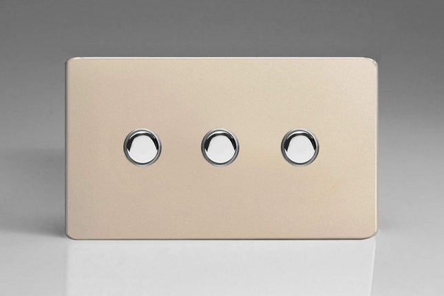 Varilight 3-Gang 6A 1- or 2-Way Push-On/Off Impulse Switch (Twin Plate) Satin Chrome XDNP3S