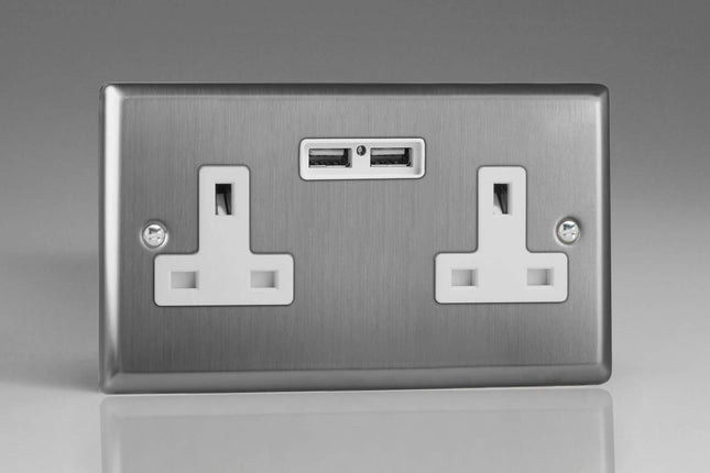 Varilight XT5U2W Classic Brushed Steel 2-Gang Double 13A Unswitched Plug Socket 2.1A USB