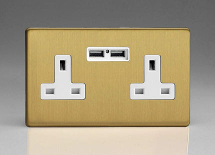 Varilight 2-Gang, 13 Amp Unswitched Socket with 2 Optimised USB Charging Ports, White Insert. Dimension Screwless Brushed Brass Effect XDB5U2WS