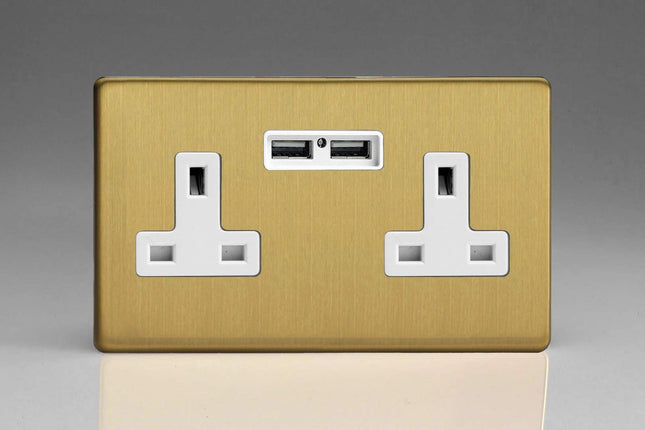 Varilight 2-Gang, 13 Amp Unswitched Socket with 2 Optimised USB Charging Ports, White Insert. Dimension Screwless Brushed Brass Effect XDB5U2WS