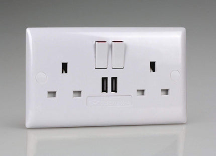 Varilight White 2-Gang 13A Single Pole Switched Socket + USB Charging Ports