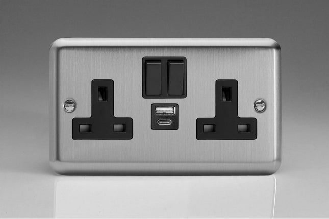 Varilight 2-Gang 13A Single Pole Switched Socket With 1X Usb A & 1X Usb C Charging Ports