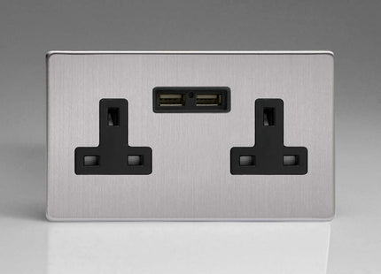 Varilight 2-Gang, 13 Amp Unswitched Socket with 2 Optimised USB Charging Ports, Black Insert. Dimension Screwless Brushed Steel