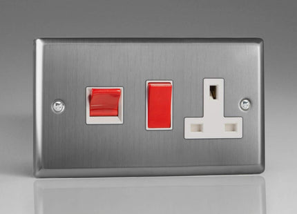 Varilight XT45PW Classic Brushed Steel 45A DP Cooker Switch + 13A Switched Socket
