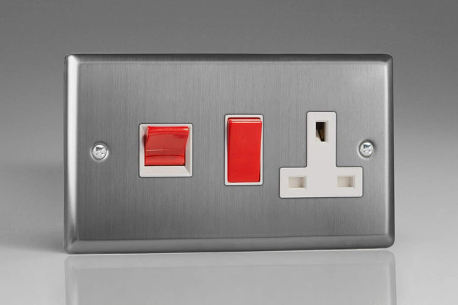 Varilight XT45PW Classic Brushed Steel 45A DP Cooker Switch + 13A Switched Socket