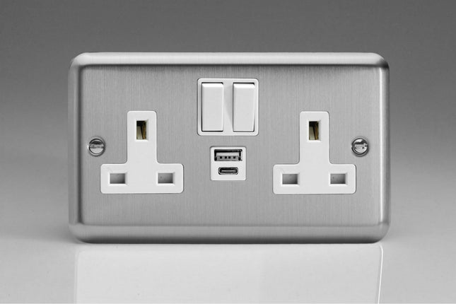 Varilight 2-Gang 13A Single Pole Switched Socket With 1X Usb A & 1X Usb C Charging Ports