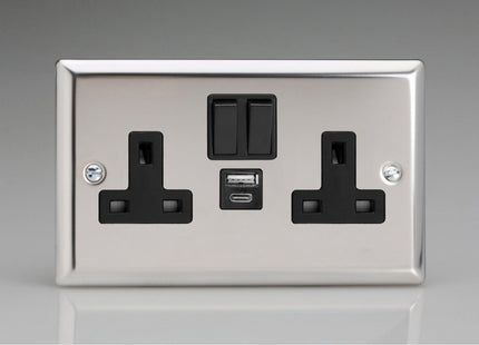 Varilight  2-Gang 13A Single Pole Switched Socket With 1X Usb A & 1X Usb C Charging Ports