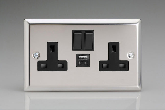 Varilight  2-Gang 13A Single Pole Switched Socket With 1X Usb A & 1X Usb C Charging Ports