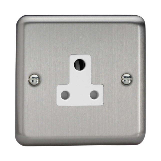 Varilight 1-Gang (Single), 5 Amp Round Pin Socket White, Classic Brushed Steel (also known as Classic Matt Chrome) XSRP5AW