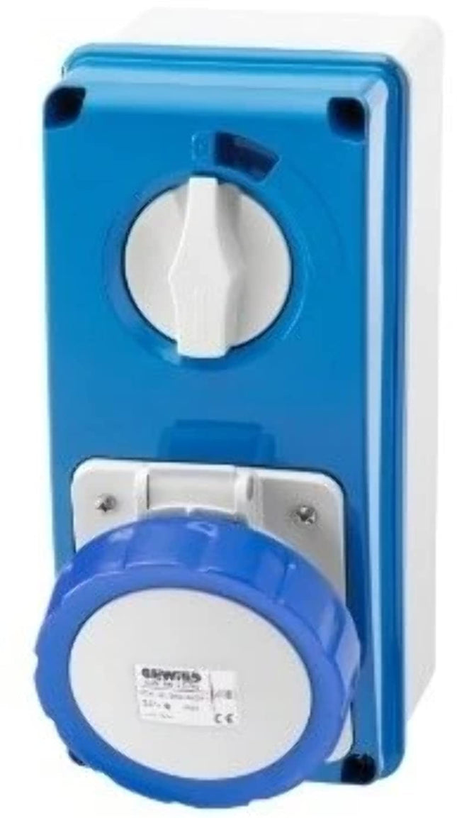 Gewiss GW66215N Interlocked Vertical Socket-Outlet with Bottom and Rotary Switch, without Fuse-Holder Base, IP67, 6 Reference, 2P+E Pole, 200V-250V, 32 A, 50 Hz/60 Hz, Blue