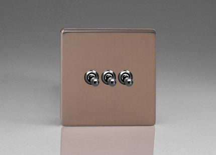 Varilight Flat Plate Screwless Brushed Bronze 3 Gang 10 Amp Toggle Switch