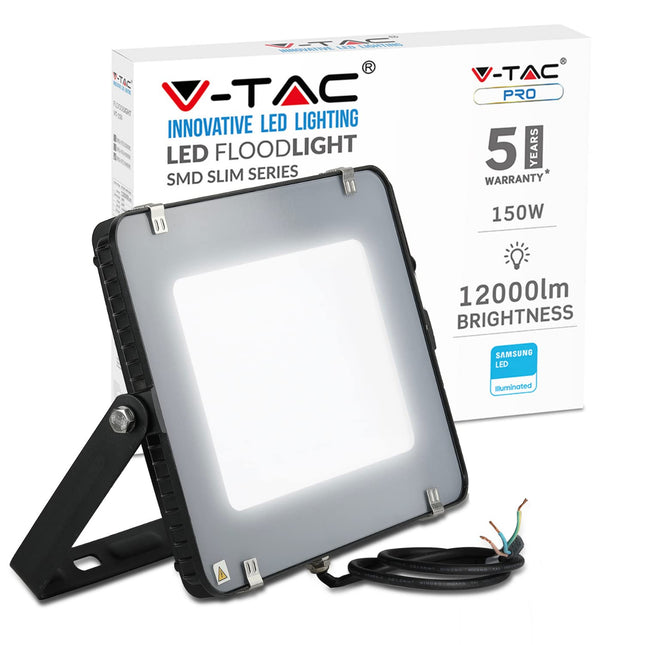 V-TAC 150W Waterproof Outdoor Security Led Floodlight With Samsung Led 1-Metre Wire Black Body Grey Glass Ip65 6400K Warm White 12000 Lumens [Energy Class A+]