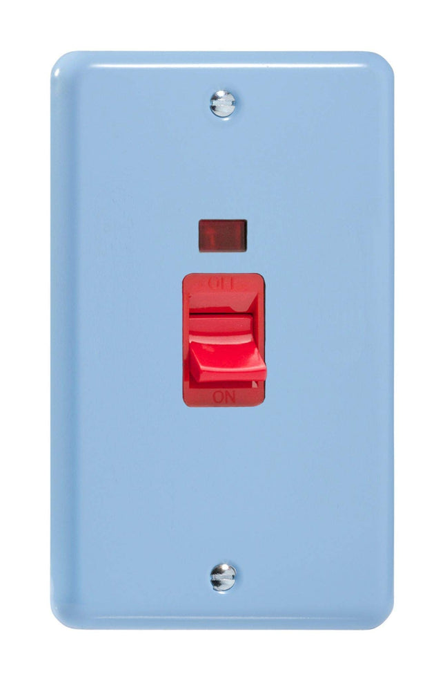 Varilight 45A Cooker Switch + Neon (Vertical Twin Plate, Red Rocker) Duck Egg Blue XY45N.DB