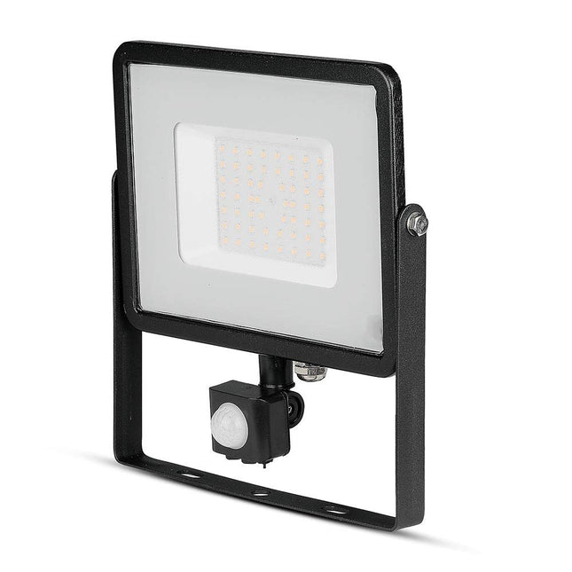 V-TAC 50W with Motion Sensor Waterproof Outside Security Floodlight with Samsung LED Black Body Grey Glass IP65 3000K Warm White 4250 Lumens, Die Cast Aluminium, 50 W