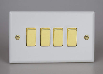 Varilight Vogue Collection Matt White 4 Gang 1 or 2-Way 10 Amp Switch with Brass Rockers