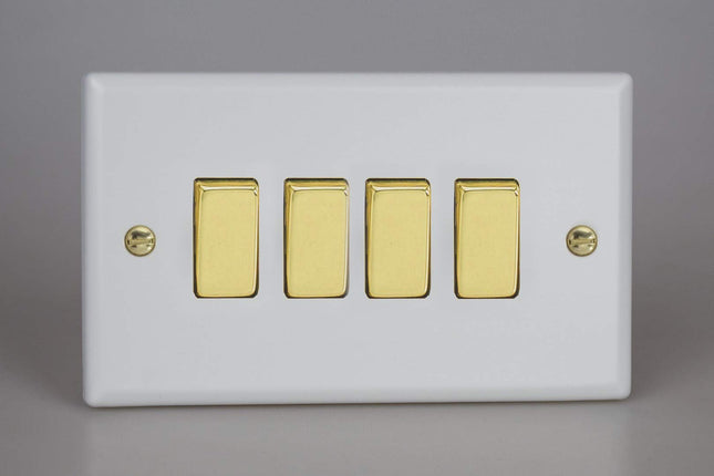Varilight Vogue Collection Matt White 4 Gang 1 or 2-Way 10 Amp Switch with Brass Rockers