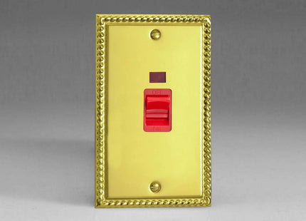 Varilight 45A Cooker Switch + Neon (Vertical Twin Plate, Red Rocker) Georgian Brass XG45N