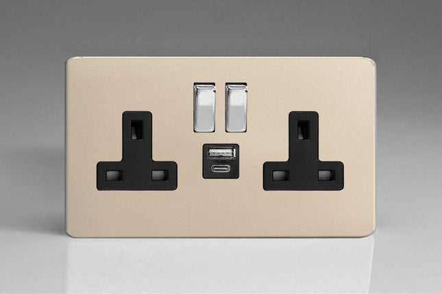 Varilight 2-Gang 13A Single Pole Switched Socket With 1X Usb A & 1X Usb C Charging Ports
