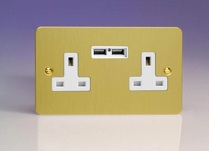 Varilight 2-Gang 13A Unswitched Plug Socket + 2 5V DC 2100mA USB Charging Ports Brushed Brass XFB5U2W