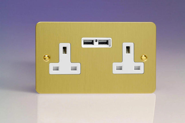 Varilight 2-Gang 13A Unswitched Plug Socket + 2 5V DC 2100mA USB Charging Ports Brushed Brass XFB5U2W