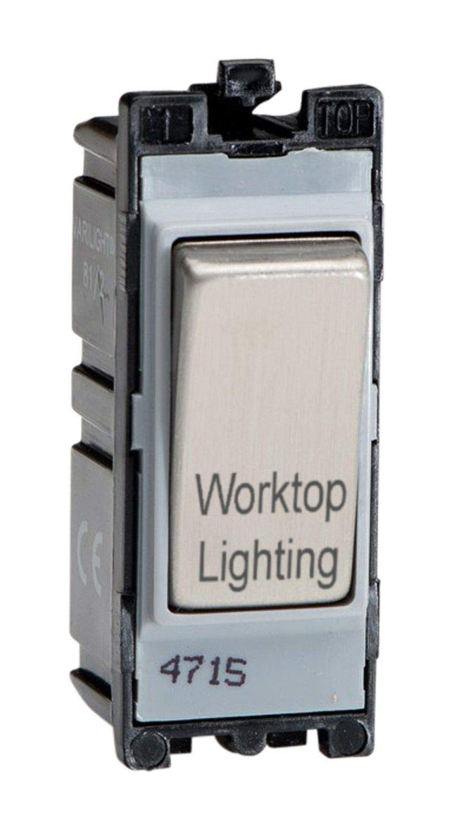 Varilight Brushed Steel Powergrid Engraved Module 20 Amp 1-Way Double Pole Switch 'Worktop Lighting'