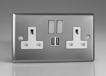 Varilight XT5U2SDW Classic Brushed Steel 2-Gang Double 13A Switched Plug Socket 2.1A USB