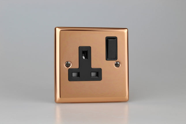 Varilight XY4B.CU 1-Gang Switched Socket DP 13 Amp Polished Copper (Black Inserts)