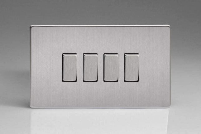 Varilight XDS9S Varilight Screwless Brushed Steel 4 Gang 10A 1 Or 2 Way Rocker Switch 4-Gang 10A 1- or 2-Way Rocker Switch (Twin Plate)