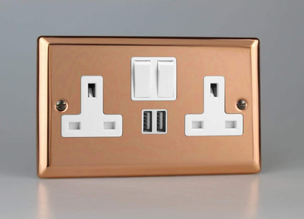 Varilight 2-Gang 13A Single Pole Switched Socket + 2x5V DC 2100mA USB Charging Ports in Polished Copper