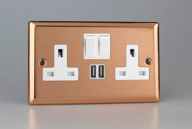 Varilight 2-Gang 13A Single Pole Switched Socket + 2x5V DC 2100mA USB Charging Ports in Polished Copper