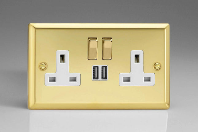 Varilight Classic Victorian Brass 2-Gang 13 Amp Socket + 2x USB Charging Port White Inserts & Decorative Switches