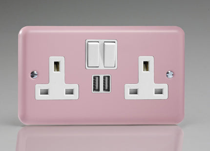 Varilight 2-Gang 13A Double Pole Switched Plug Socket + 2 5V DC 2100mA USB Charging Ports Rose Pink XY5U2SW.RP