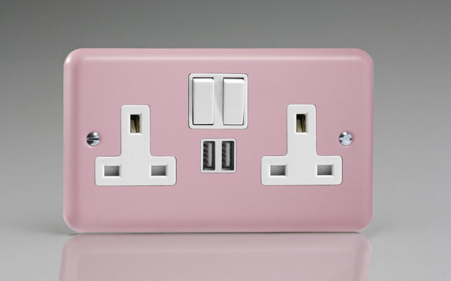 Varilight 2-Gang 13A Double Pole Switched Plug Socket + 2 5V DC 2100mA USB Charging Ports Rose Pink XY5U2SW.RP