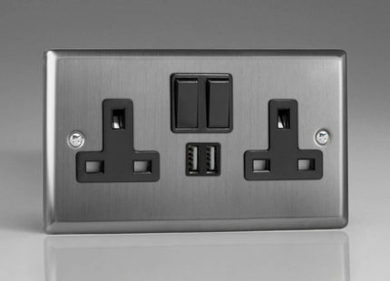 Varilight XT5U2SB 13A Socket 2-Gang With USB Brushed Steel Black