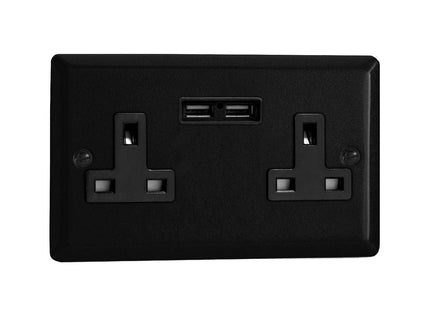 Varilight Urban Matt Black 2-Gang 13 Amp Socket + 2X USB Charging Ports