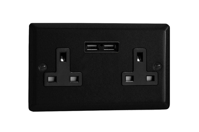 Varilight Urban Matt Black 2-Gang 13 Amp Socket + 2X USB Charging Ports